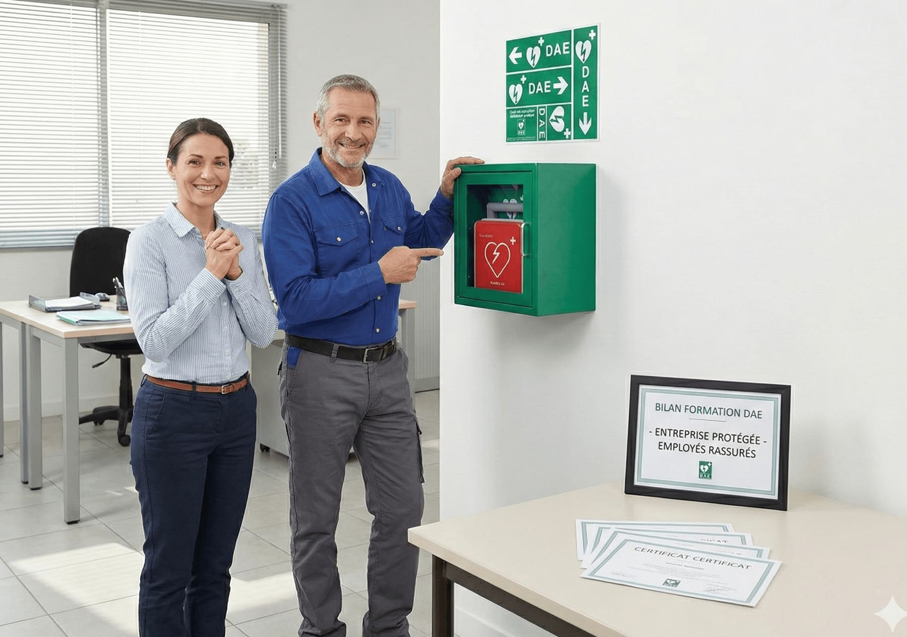 Défibrillateur d'entreprise dans une armoire murale verte, fixée au mur d'un bureau