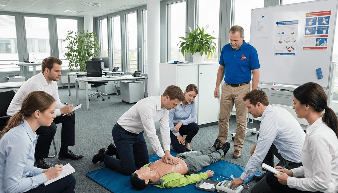 Exercice de massage cardiaque sur mannequin, le geste qui précède la pose du défibrillateur